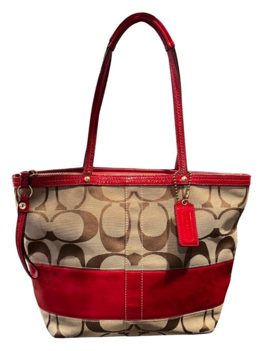 Coach Signature Stripe Tote Bag – Red Leather Trim – Style 12429 Hangtag & Charm
